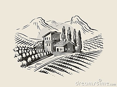 Rural landscape with villa, vineyard fields. Sketch vector illustration for label Vector Illustration