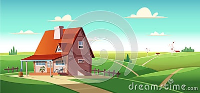 Rural landscape with village house on green fields Vector Illustration