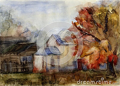 Rural landscape. Watercolor Stock Photo