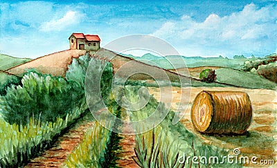 Rural landscape watercolor Cartoon Illustration