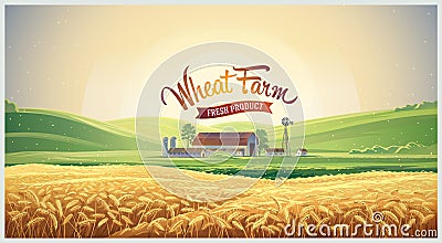 Rural landscape with wheat field Vector Illustration