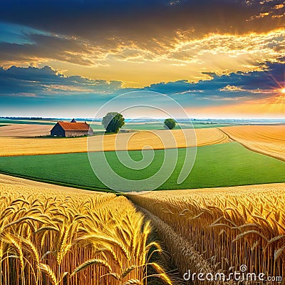 A rural landscape with wheat fields and a farm Cartoon Illustration