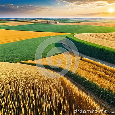 A rural landscape with wheat fields and a farm Cartoon Illustration