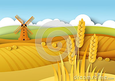 Rural landscape. Wheat fields, windmill, vector paper cut illustration. Field crop, farming, agriculture. Harvest season Vector Illustration