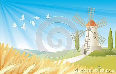 Rural landscape with windmill Vector Illustration