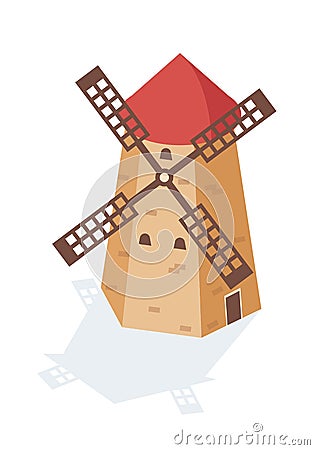 Rural landscape windmill in form of a tower with sails. Vector Illustration