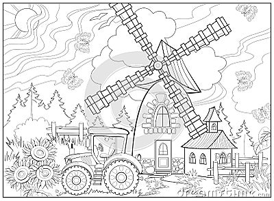 Rural landscape with windmill and tractor. Coloring book for children and adults. Image in zentangle style. Printable page for Vector Illustration