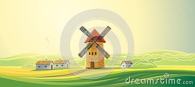 Rural landscape with windmills. Vector Illustration