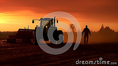 Rural landscape with a working tractor on the field.Agricultural land annually cultivated crops perennial grasses Stock Photo