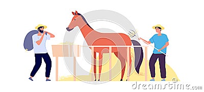 Rural life. Farmers harvest hay, flat horse corral. Isolated agricultural workers with pony. Autumn harvesting time Vector Illustration