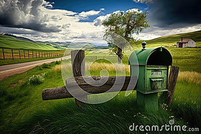 rural mailbox surrounded by lush green grass and rolling hills Stock Photo