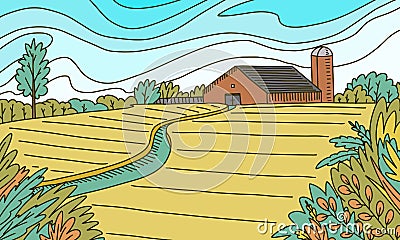 Rural Mountain. landscape. Farm field and cabin. Agriculture and Vineyard. Green hills and meadows, country background Vector Illustration