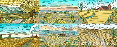 Rural Mountain landscapes. Farm fields set. Agriculture and Vineyard. Green hill and meadow, country background for Vector Illustration