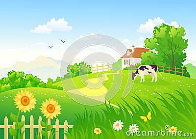 Rural scene with a cow Vector Illustration