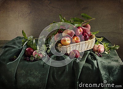Rural still life with ripe peaches Stock Photo
