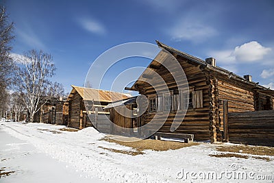 Rural street in the Architectural and ethnographic Museum `Taltsy`. Taltsy village, Irkutsk region, Stock Photo