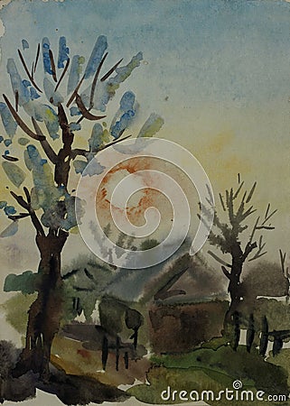 Rural sunrise with blossom apricote trees in a country primitive watercolor art Stock Photo