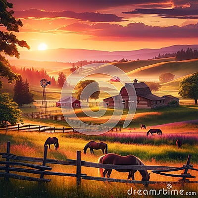 Rural Sunset Harmony: AI Crafted Image of Horses, Fences, and Barns Stock Photo