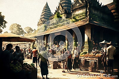 Rural village market in Asia oil painting Cartoon Illustration