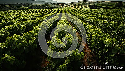 Rural vineyard, green landscape, fresh wine, autumn harvest, tranquil scene generated by AI Stock Photo