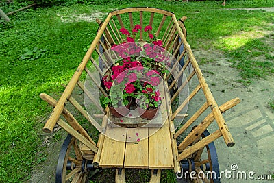 Rural wagon landscaping garden object with flower vases park outdoor spring time Stock Photo