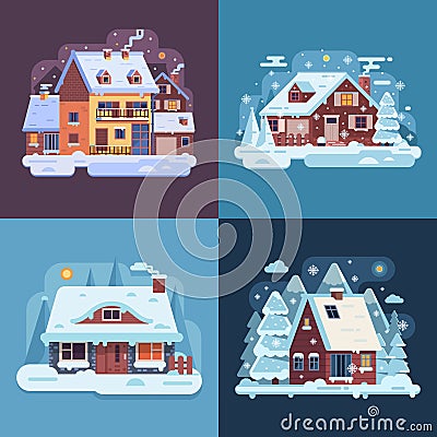 Rural Winter Houses and Cabins Landscapes Vector Illustration