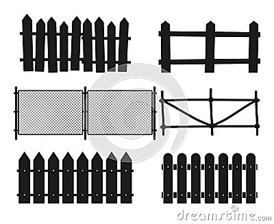 Rural wooden fences, pickets vector silhouettes Vector Illustration