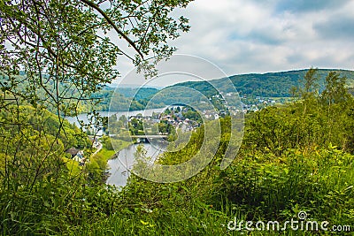 Rursee at Eifel National Park, Germany. Scenic view of lake Rursee and village Einruhr in North Rhine-Westphalia Stock Photo