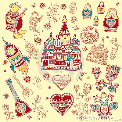 A set of isolated cute bright design elements of Russian traditional symbols Vector Illustration