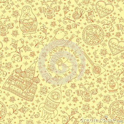 Seamless vector pattern with cute Russian traditional symbols Vector Illustration