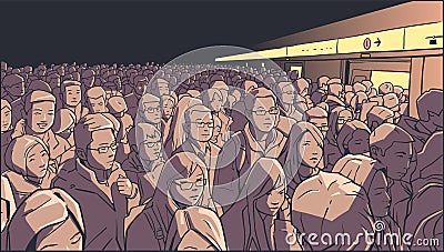 Rush hour crowd at busy metro subway underground platform station in color Stock Photo