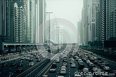 Rush hour with many cars. Traffic jam in Dubai downtown city road among skyscrapers Stock Photo