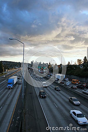 Rush hour traffic on freeway Seattle skyline Editorial Stock Photo