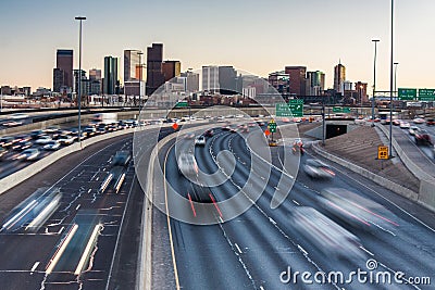Rush hour traffic on I-25 looking towards downtown Denver, Colorado, USA Stock Photo