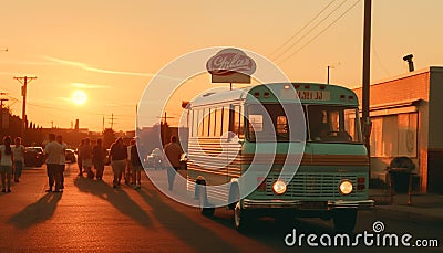 Rush hour traffic illuminates old fashioned yellow school bus at dusk generated by AI Stock Photo