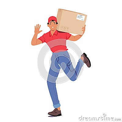 Rushing Courier Swiftly Delivers Parcel, Ensuring Prompt And Secure Delivery. Timely Service For Urgent Shipment Vector Illustration