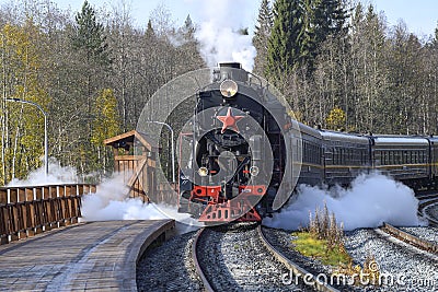 The `Ruskeala Express` tourist retro train Editorial Stock Photo