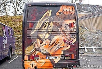 Russ bus or Russebuss in city of Halden, Norway Detailed art Editorial Stock Photo