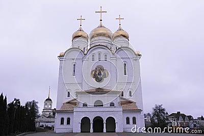 Russia, Bryansk November 4, 2020. Bryansk Cathedral of the Holy Trinity. Orthodox white Church on an autumn day. Editorial Stock Photo