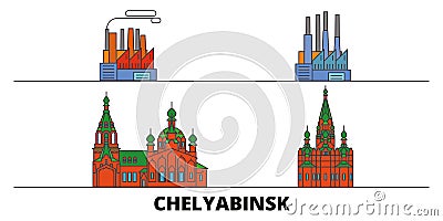 Russia, Chelyabinsk flat landmarks vector illustration. Russia, Chelyabinsk line city with famous travel sights, skyline Vector Illustration