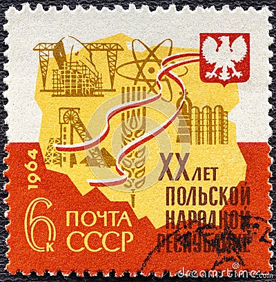 RUSSIA - CIRCA 1964: A stamp printed in USSR Russia devoted to 20th Anniversary of Polish People's Republic, serie Editorial Stock Photo