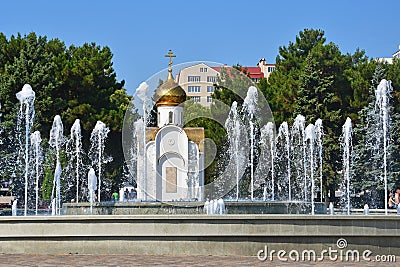 Russia, city of Anapa, chapel in the name of the prophet Hosea and musical fountain on Soviets square in summer Stock Photo