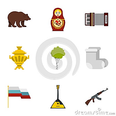 Russia country symbols icons set, flat style Vector Illustration