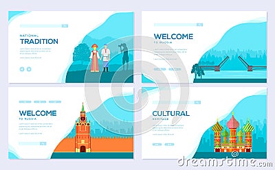 Russia country vacation travel tour concept. Traditional brochure card set. Ethnic template of flyear, web banner, ui Vector Illustration