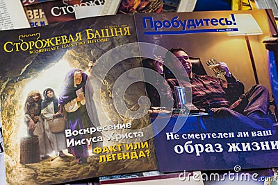 Russia - December 2020: Religious literature of Jehovah`s Witnesses Editorial Stock Photo