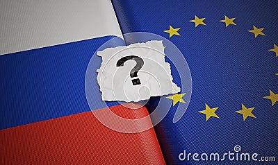 Russia and European Union flags with questionmark. 3D rendered illustration. Cartoon Illustration