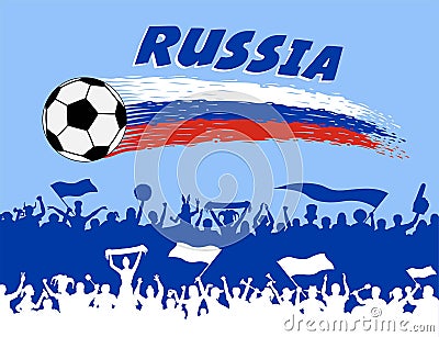 Russia flag colors with soccer ball and Russian supporters silhouettes Vector Illustration