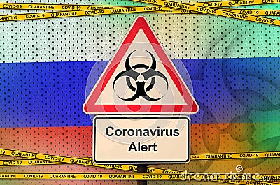 Russia flag and Covid-19 biohazard symbol with quarantine orange tape. Coronavirus or 2019-nCov virus concept Stock Photo