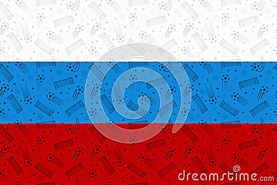 Russia flag decorated with soccer symbols. Russian country colors background with football elements. Vector Illustration