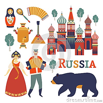 Russia icons set. Vector collection of Russian culture and nature images, including St. Basil s Cathedral, russian doll Vector Illustration